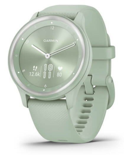 Front view of Garmin Vivomove Sport Fitness Smartwatch in Cool Mint 