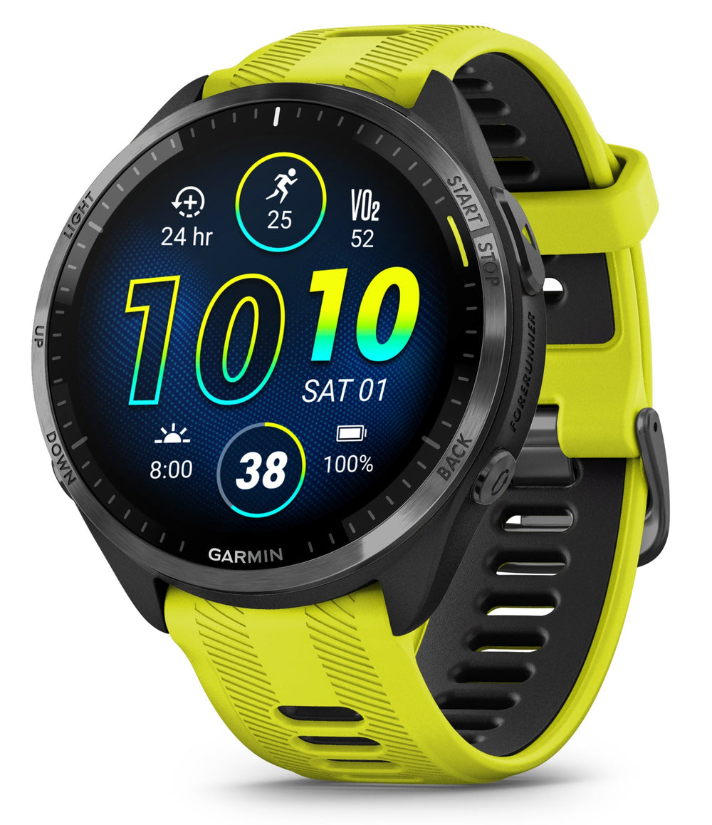 Front view of the Garmin Forerunner 965 in Amp Yellow  