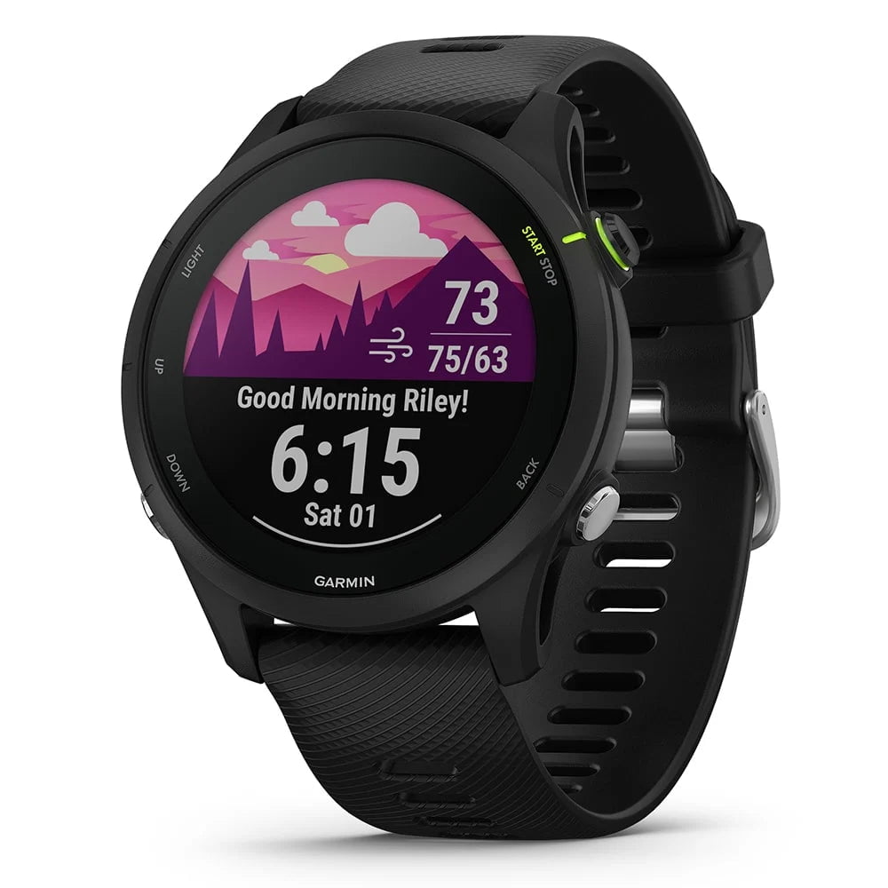 Front view of the Garmin Forerunner 255 in Black 45 MM 