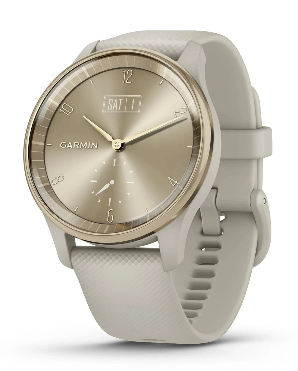 Front view of the Garmin Vivomove Trend Hybrid Smartwatch in Cream and French Gray