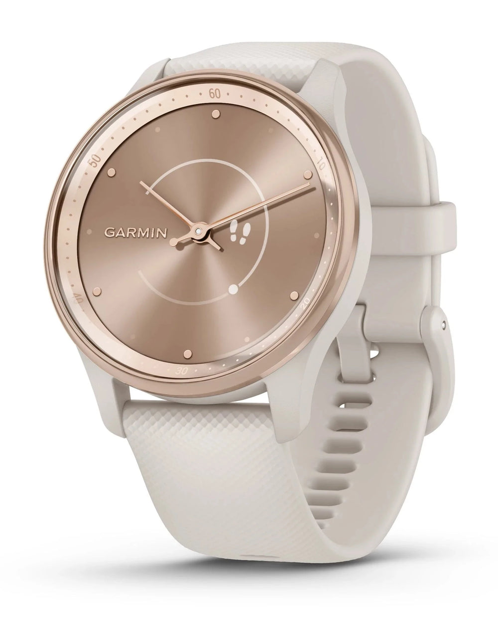 Front view of the Garmin Vivomove Trend Hybrid Smartwatch in Peach and Ivory