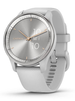 Front view of the Garmin Vivomove Trend Hybrid Smartwatch in Silver and Mist Gray
