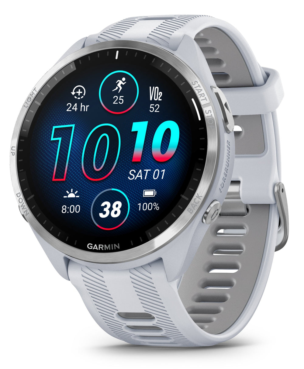Front view of the Garmin Forerunner 965 in Whitestone  