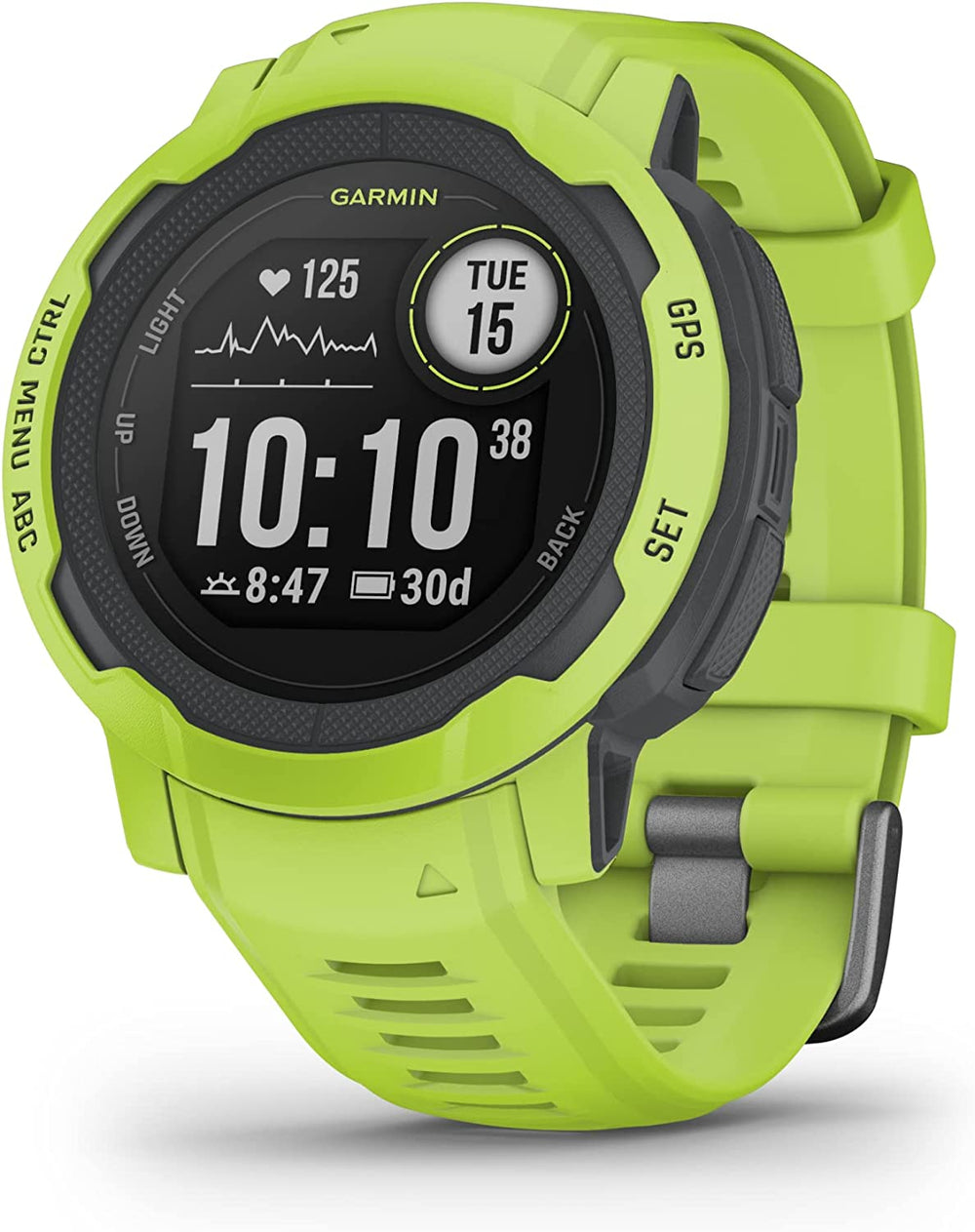 Front view of the Garmin Instinct 2 GPS Rugged Smartwatch Multi-Sport Watch  45 mm in Electric Lime