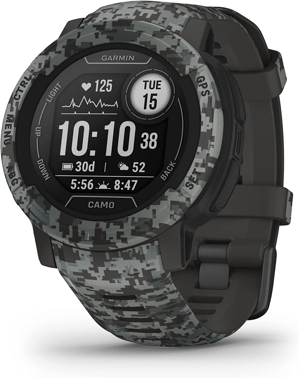 Front view of the Garmin Instinct 2 GPS Rugged Smartwatch Multi-Sport Watch 45 mm in Graphite Camo
