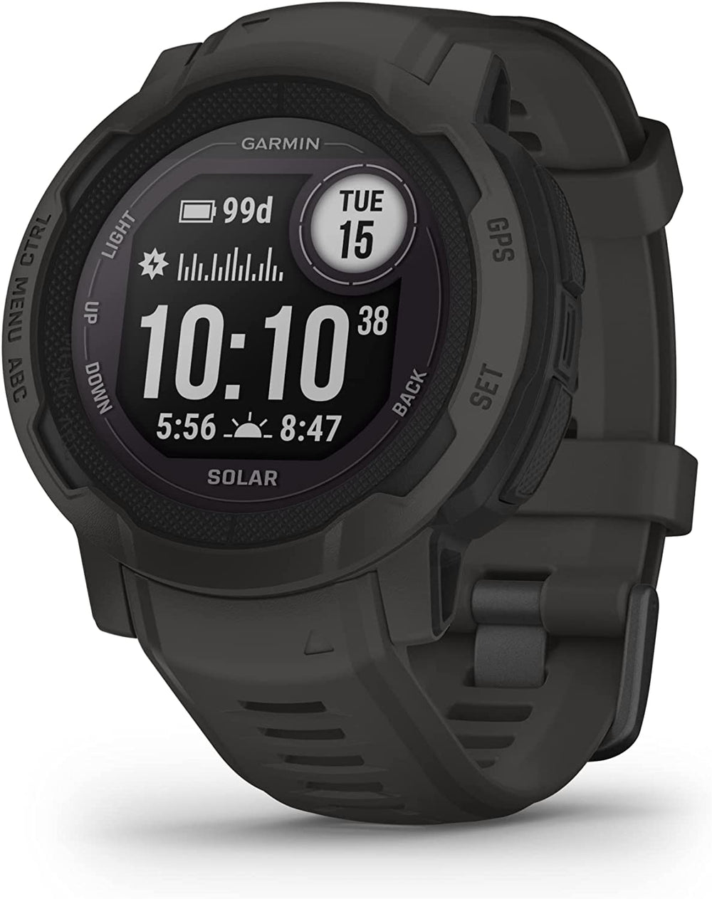 Front view of the Garmin Instinct 2 GPS Rugged Smartwatch Multi-Sport Watch Solar Edition  45 mm in Graphite