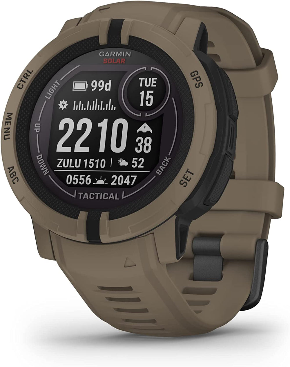 Front view of the Garmin Instinct 2 GPS Rugged Smartwatch Multi-Sport Watch 45 mm Solar Tactical Edition inCoyote Tan