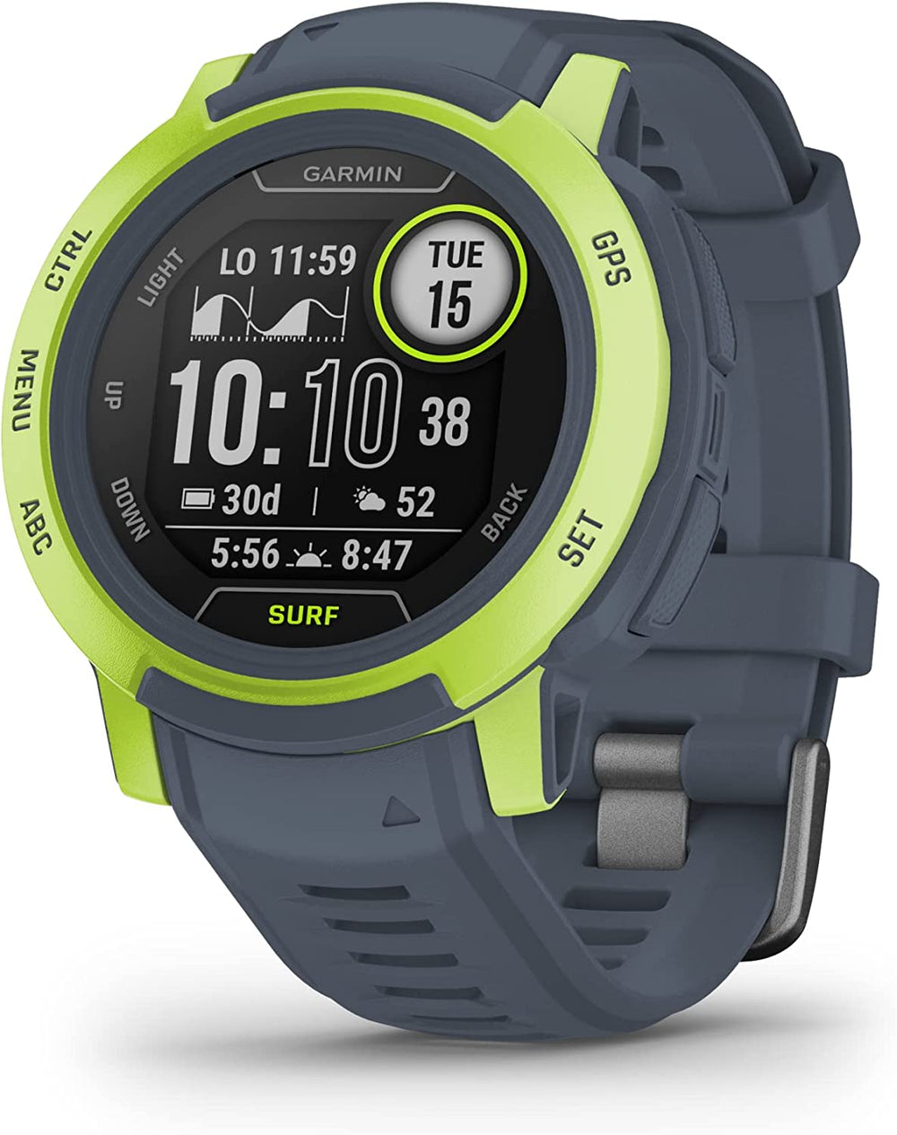 Front view of the Garmin Instinct 2 GPS Rugged Smartwatch Multi-Sport Watch 45 mm Surf Edition in Mavericks