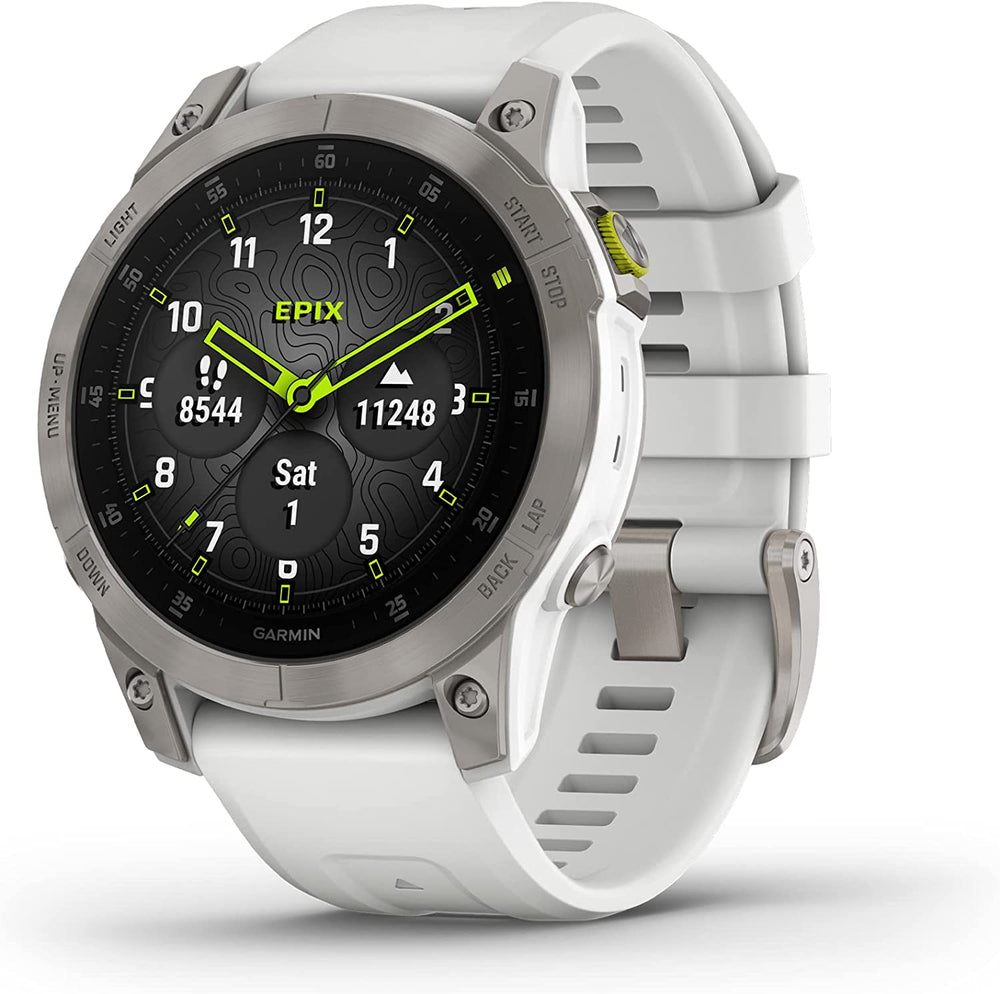Front view of Garmin Epix Gen 2 GPS Outdoor Watch in White Titanium with Sapphire Crystal